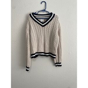 Max Studio Kids Sweater L 10/12 Cream Navy Blue‎ EUC Preppy Cable Knit V-Neck
